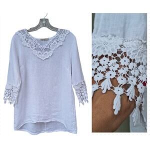 Vanessa Alexandra made in Italy 100% Linen Floral Crochet trim White Size S